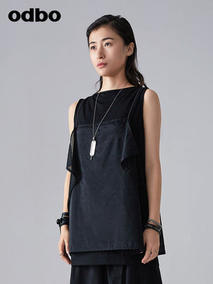Odbo/歐迪比歐夏季新款設計感網紗假兩件吊帶背心女薄款外穿上衣