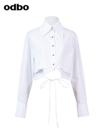 Odbo 時尚設計感小眾系帶白色長袖襯衫女夏季2022年新款短款上衣