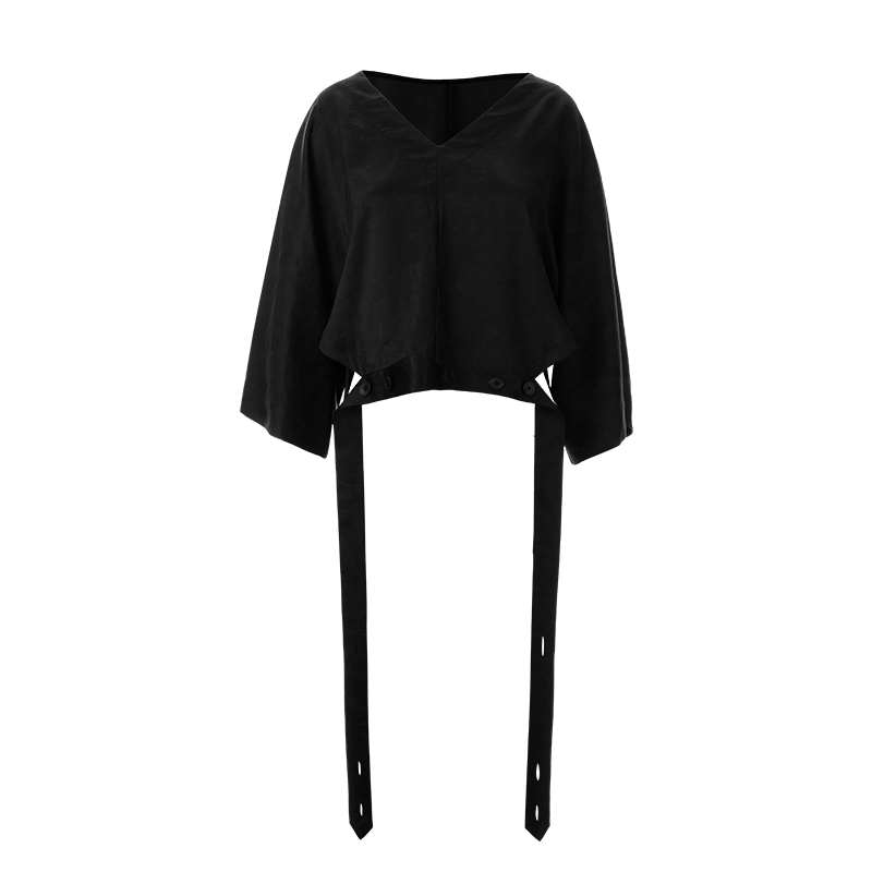 Odbo/歐迪比歐夏2022新款女黑色V領潮牌襯衣女設計感綁帶小眾上衣
