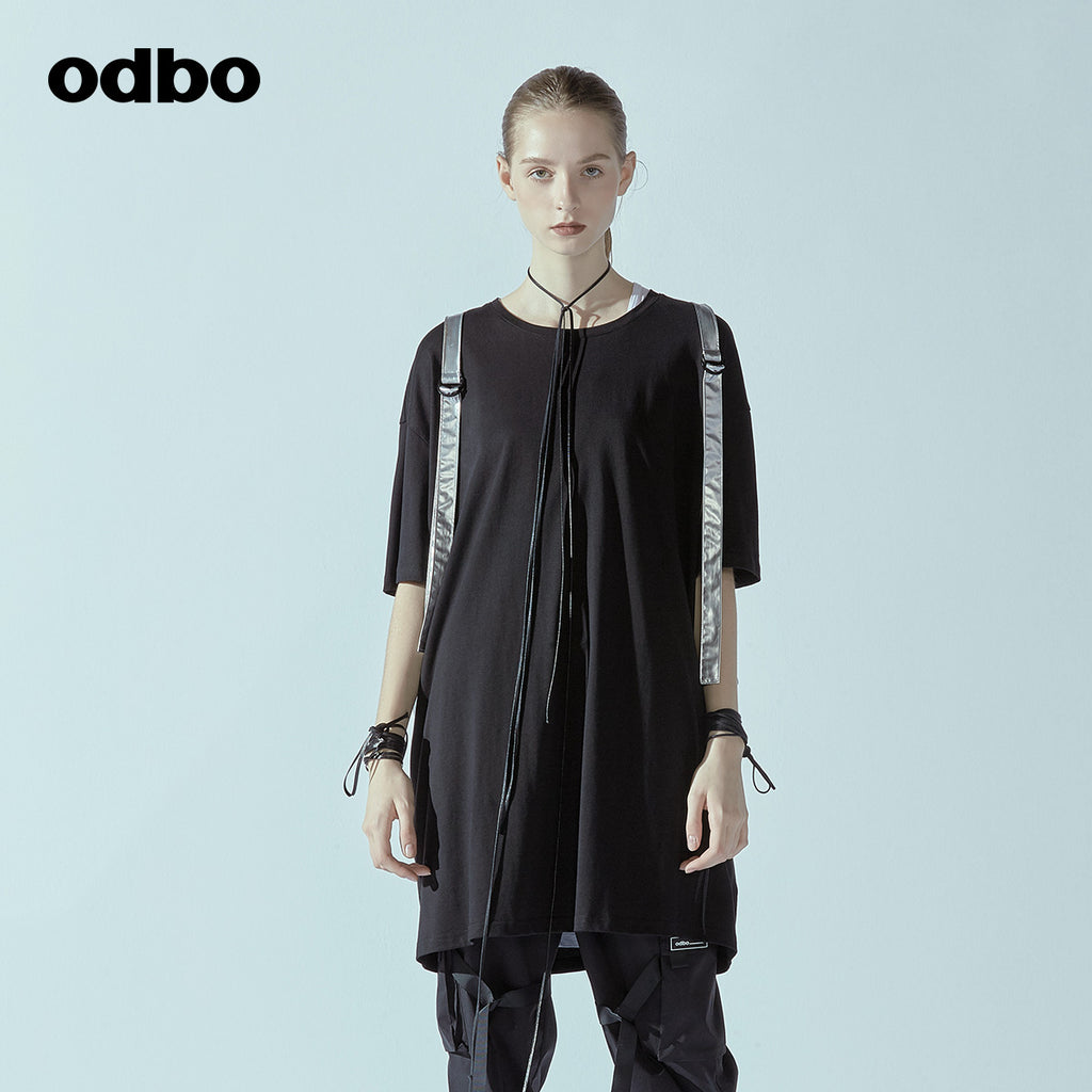 Odbo正反兩穿個性造型背包T恤女夏季新款寬鬆設計感小眾中長上衣