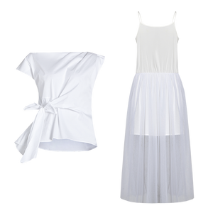 Odbo白色網紗吊帶連衣裙收腰夏兩件套設計感小眾氣質不規則綁帶