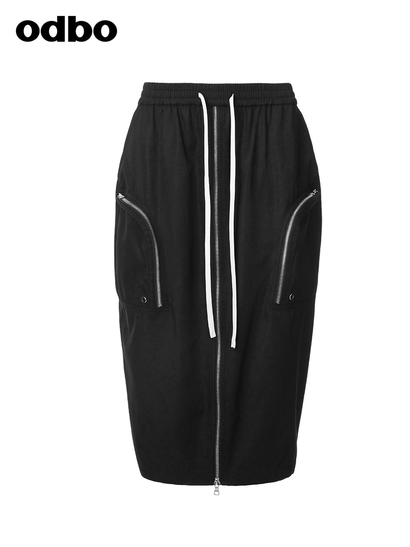 【商場同款】odbo/歐迪比歐時尚抽繩設計黑色半身裙女直筒裙子潮