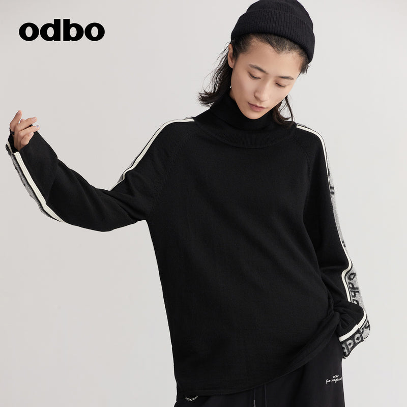 【商場同款】odbo/歐迪比歐提花高領針織衫女秋冬2022年新款毛衣