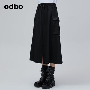 Odbo 原創設計感束腰黑色半身裙女夏季2022年新款百搭工裝a字裙子