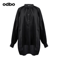 odbo原創 前短後長 立領黑色襯衫 女 2022年新款 燈籠袖 上衣