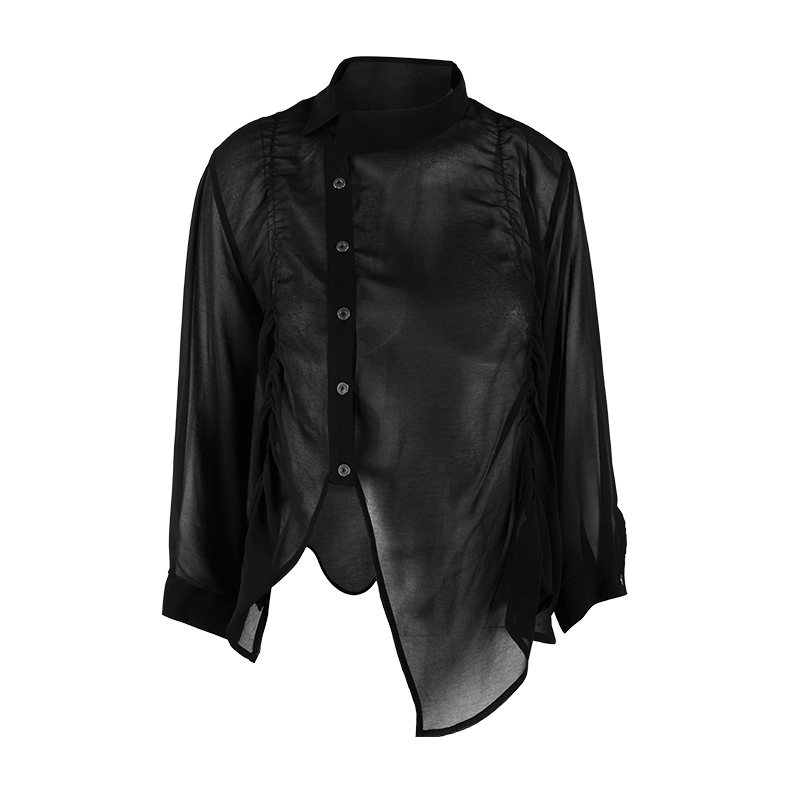 Odbo 夏季2022年新款時尚薄款黑色襯衫女設計感小眾抽褶防曬上衣